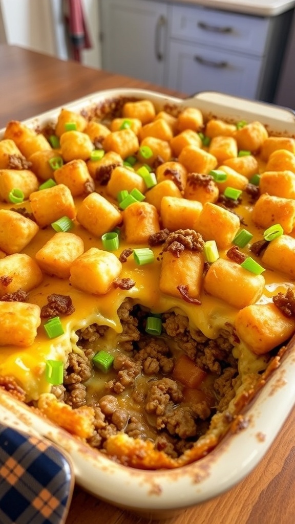 A cowboy casserole with tater tots, ground beef, and cheese, garnished with green onions, in a rustic baking dish.